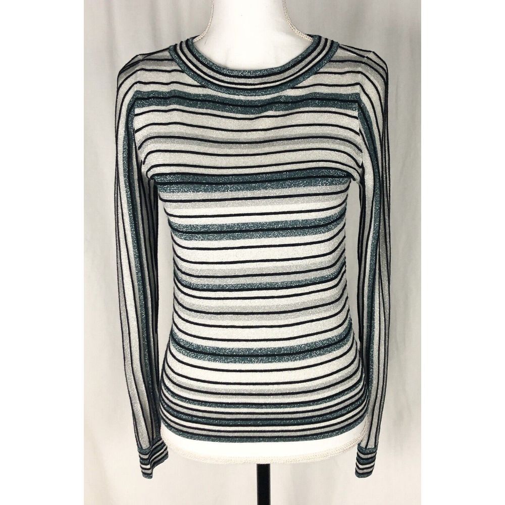 Ann Taylor Factory Teal Ivory Black Long Sleeve Striped Shirt Pull over XS